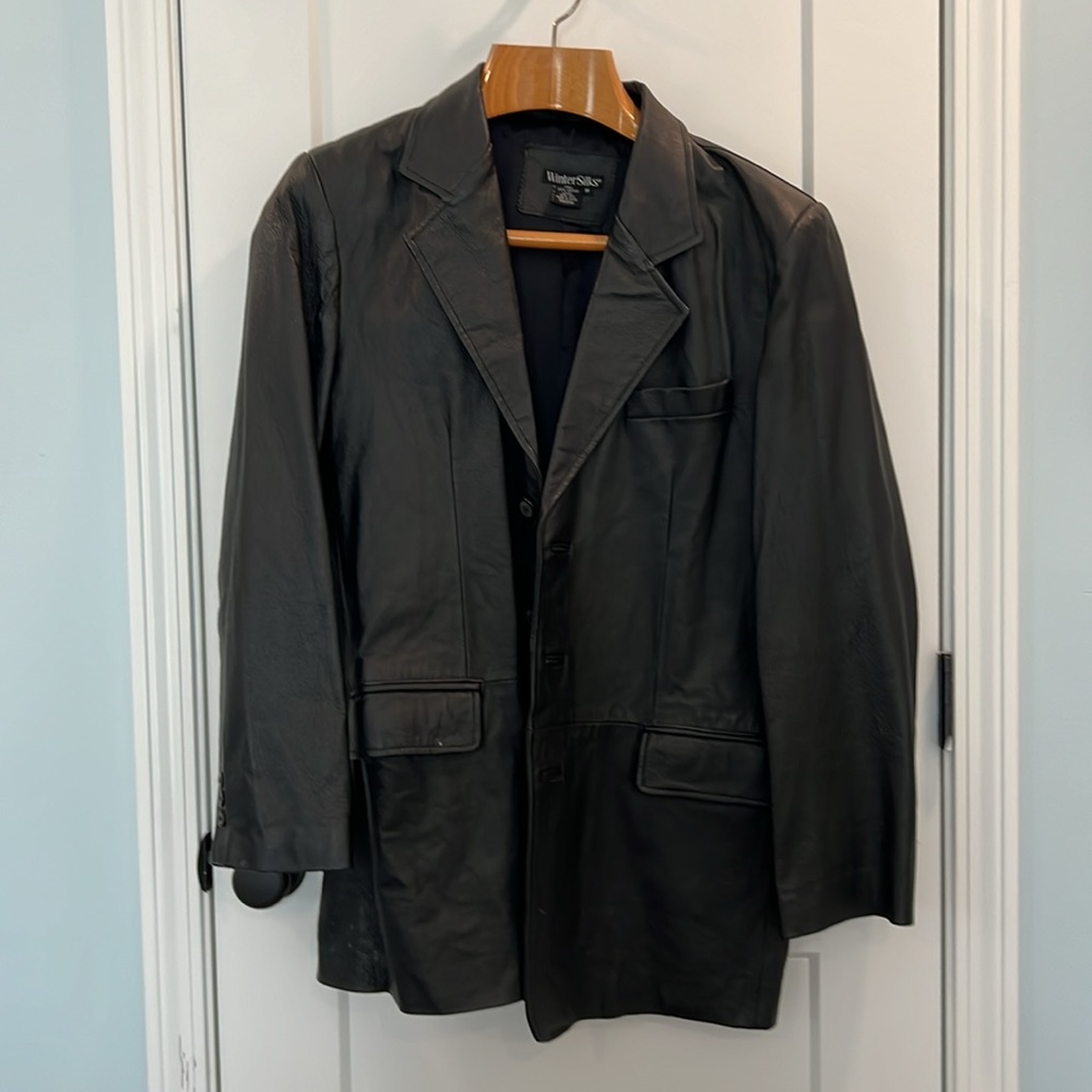 Men's Wintersilks Long Button Up Black Leather Jacket Size Medium